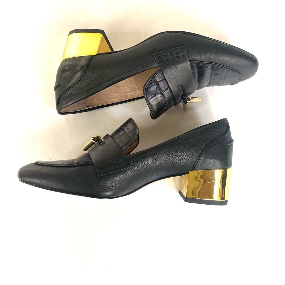 LOUISE ET CIE LANTON LEATHER LOAFER 6M BLACK W/ GOLD BLOCK HEEL 6 - Picture 6 of 10